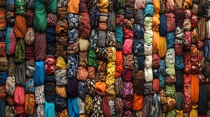 Obraz premium A Colorful Textile Wall of Rolled Fabrics