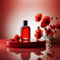 A perfume bottle with red liquid is placed on a reflective surface next to red poppies. The composition conveys elegance, nature, and sensuality.