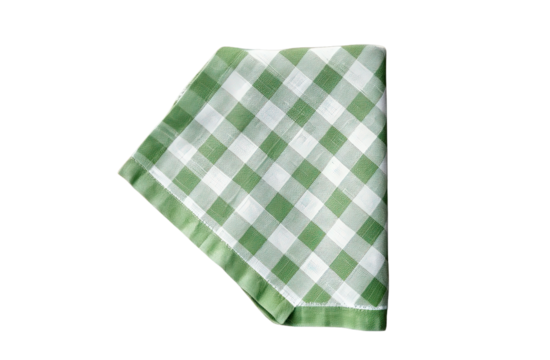 Green and white checkered napkin, ideal for dining and picnics, on white isolated background.