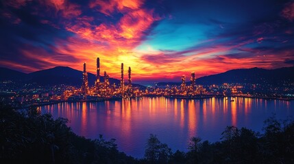 Fototapeta premium Top view of an oil refinery industry zone, showcasing industrial manufacturing and petrochemical activities, with a refinery plant seen during the daytime