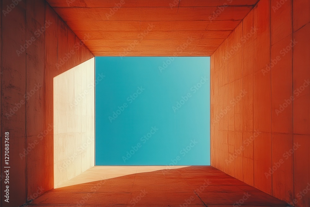 Poster abstract sky view through an open square structure with warm tones and vibrant blue sky