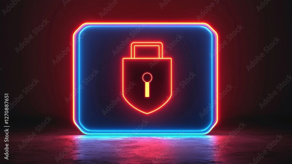 Poster cyber security ransomware access control concept. neon lock icon on a dark background symbolizing se