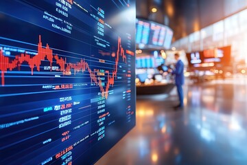 A modern investment firm with analysts discussing stock market trends and data.