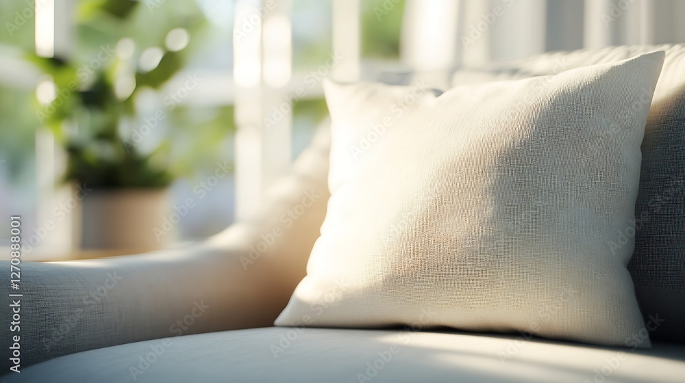 Poster cozy closeup of a soft cream pillow on a comfortable sofa bathed in warm sunlight streaming through 