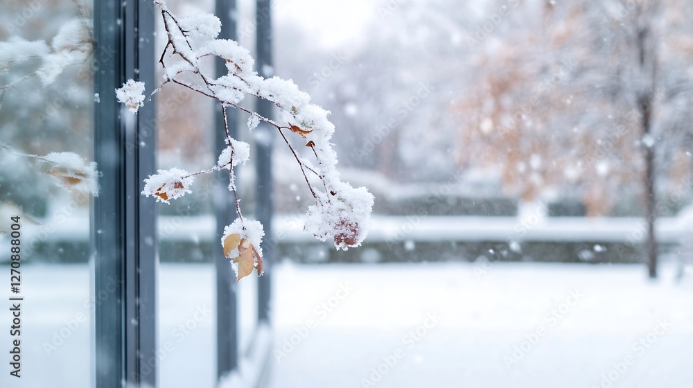 Aufkleber beautiful snowcovered branch with delicate leaves in a serene winter landscape filled with falling s