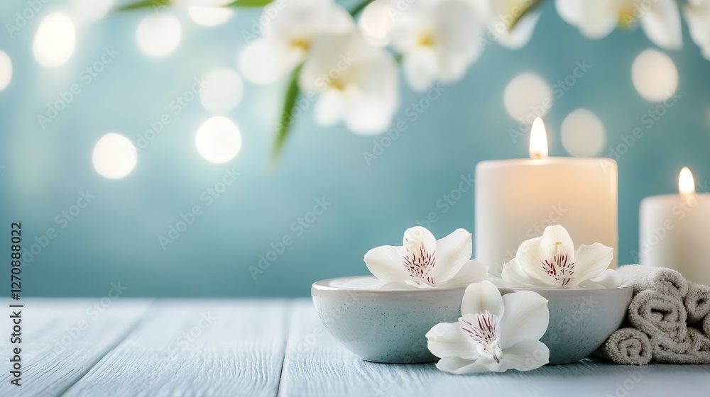 Poster elegant spa arrangement with white orchids soothing candles and soft towels on a rustic wooden table