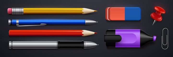 Set of Realistic 3D Pencils, Ball Pens, marker, eraser, paper clip Isolated on dark Background as School Items.