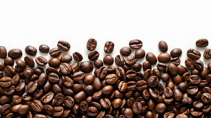 Close-up view of roasted coffee beans scattered on a white background, showcasing their texture