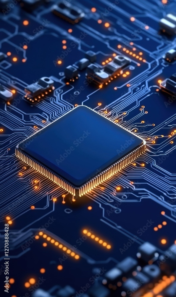 Poster close-up view of microchip on circuit board with vibrant electronic connections and glowing paths