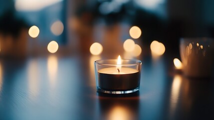 A glowing candle in a glass holder with soft bokeh background and warm light : Generative AI