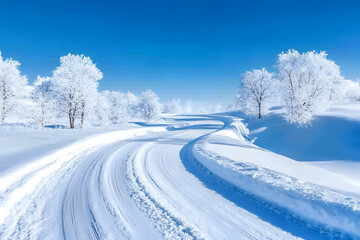 Obraz premium Snowy road curves through frosty trees under bright blue sky on a winter day