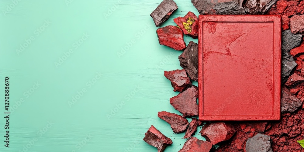 Aufkleber vibrant red square frame surrounded by stone and colorful elements