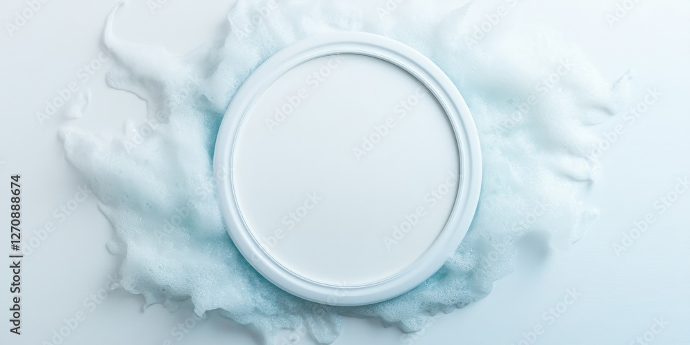 Poster white round frame surrounded by soft bubble foam on light background
