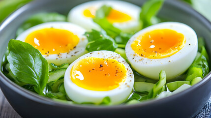 Soft-boiled eggs on greens in a bowl, garnished with pepper. Food photography