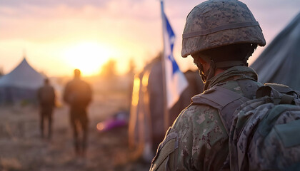 Fototapeta premium Soldier overlooking sunset on base, flag in sight, for articles on military
