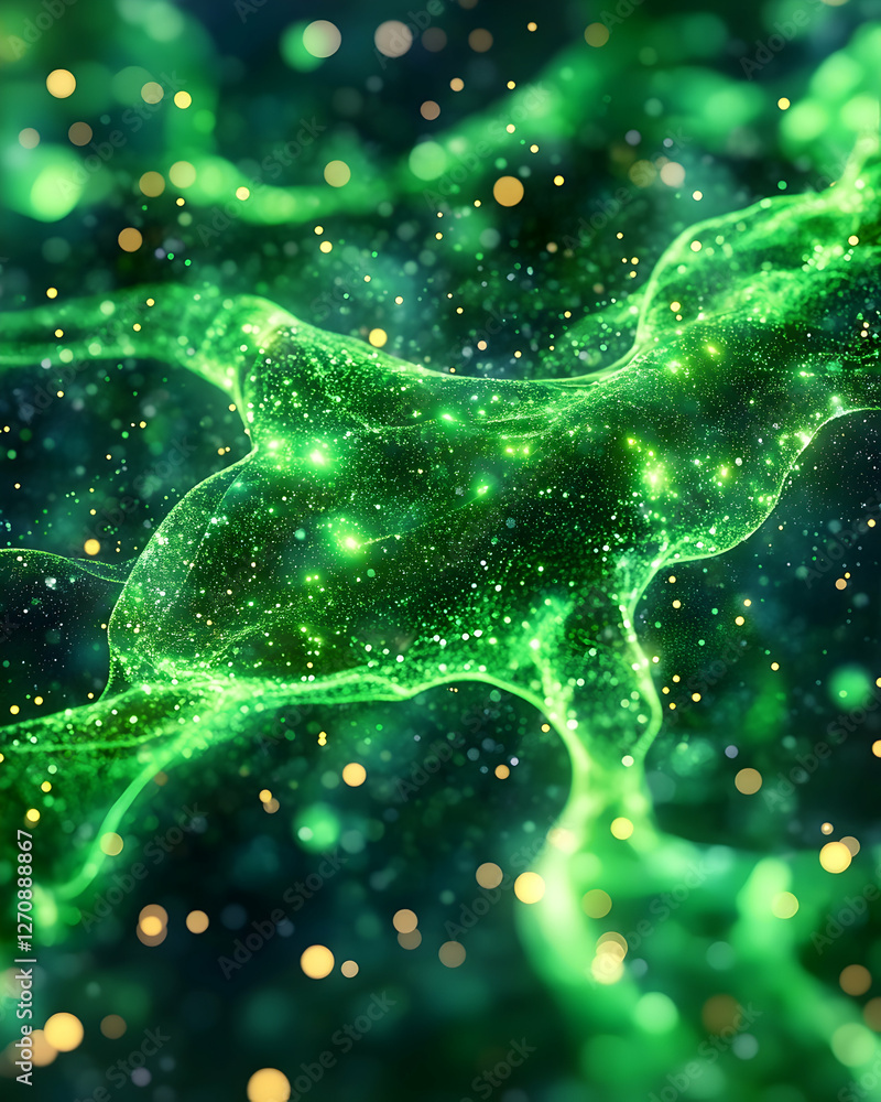 Poster sparkling green particle design background with bokeh lights for science visuals