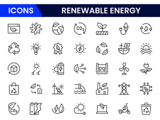 Set of outline icons related to green, renewable, and alternative energy sources. Eco icon collection. Vector illustration.