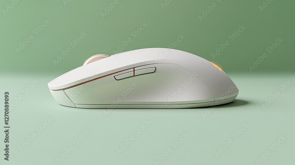 Poster wireless mouse with a premium metallic scroll wheel, displayed on a green backdrop, symbolizing refi