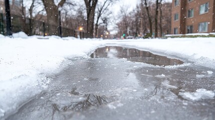 Snowy city street with icy puddle reflection