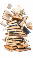 Stack of books falling in the air against a white background, for education concept