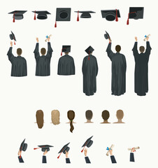 set for graduation essentials. figures character standing from behind gestrues university college diplom traditional school ceremony