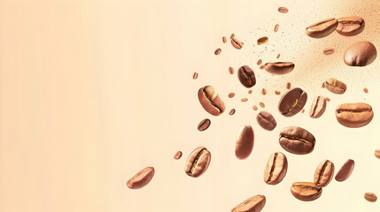 Obraz premium Flying coffee beans with a soft beige background, creating a dynamic and energizing atmosphere