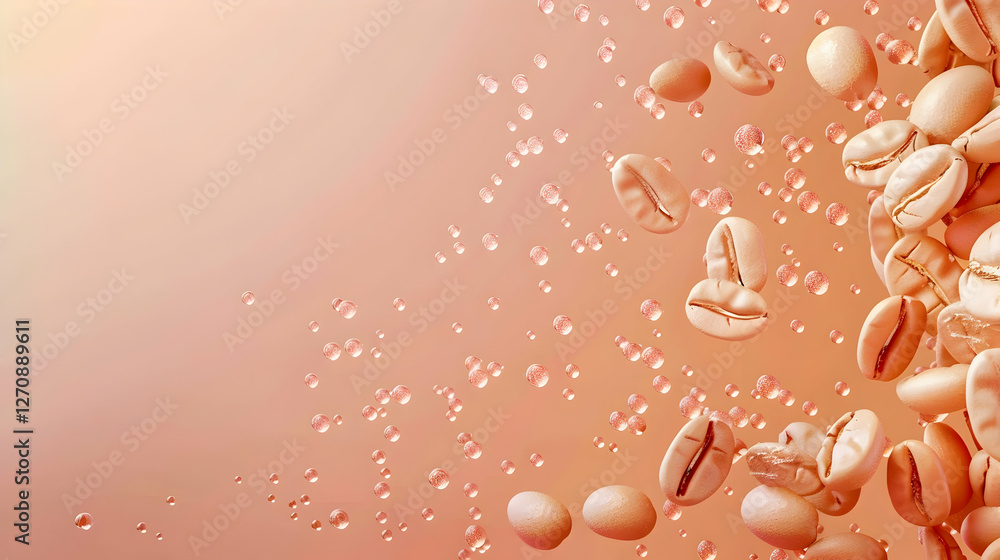 Poster coffee beans floating in sparkling water against a soft peach background, creating a refreshing vibe