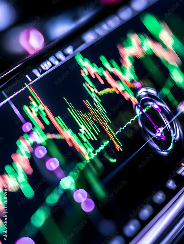Poster stock market chart analysis on a screen with bokeh background for finance reports