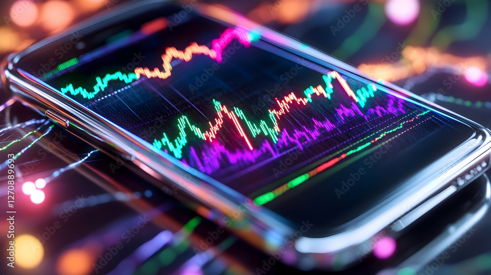 Poster stock market analytics on mobile screen display. digital finance background use