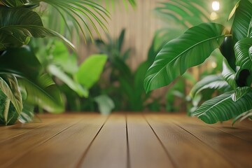 Wooden floor, lush foliage backdrop, tropical scene, product display