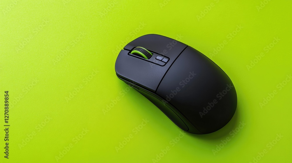 Poster wireless mouse with side scroll and customizable dpi, displayed on a bright green backdrop, symboliz