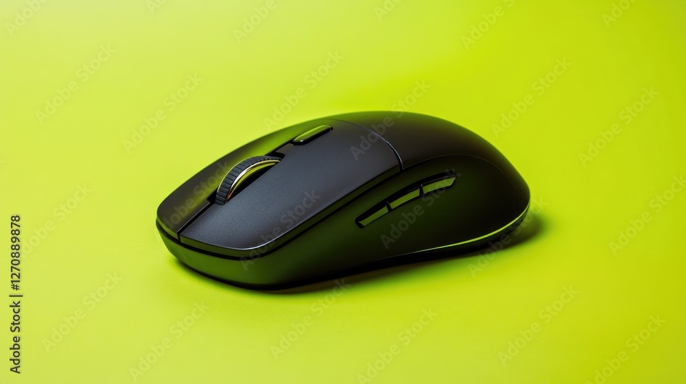 Poster wireless mouse with side scroll and customizable dpi, displayed on a bright green backdrop, symboliz