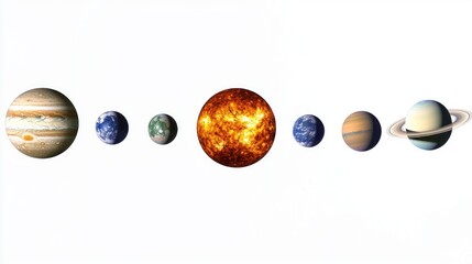An artistic representation reveals the majestic solar system, featuring the Sun surrounded by planets like Jupiter, Earth, and Saturn in a harmonious arrangement, showcasing cosmic beauty
