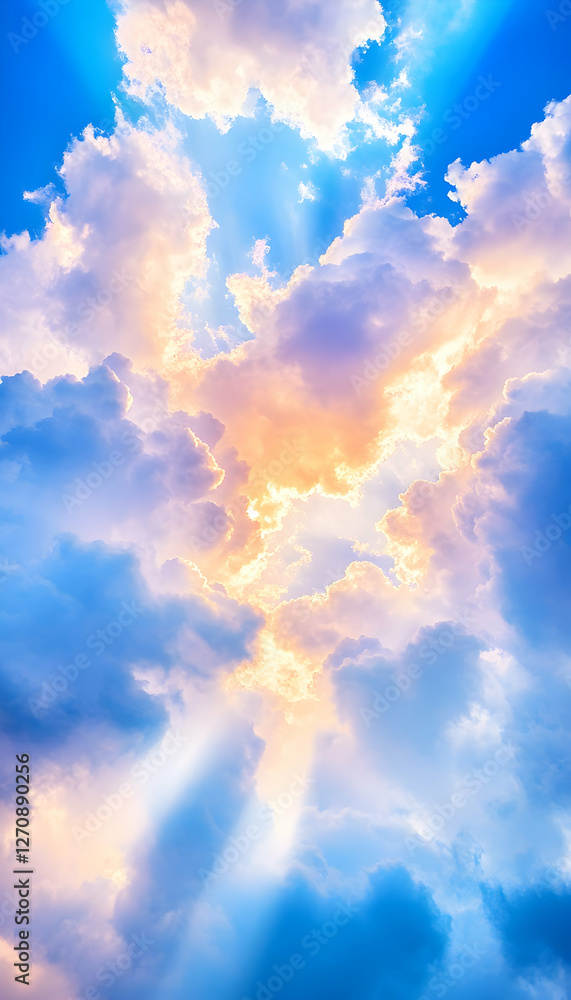 Aufkleber sun rays shine on the clouds in the sky. backdrop usage for quotes or content