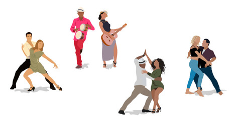Dancing People, Dancer Bachata, Salsa, Flamenco, Tango, Latina Dance. Set of people in different dance poses and musicians playing Latin music. Cartoon style vector realistic illustrations isolated.
