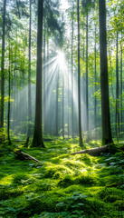 Fototapeta premium Sun rays stream into a lush, green forest, ideal as a nature, ecology, and peace image