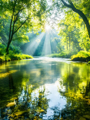 Fototapeta premium Sun rays shine through trees over stream. Serene landscape for nature print