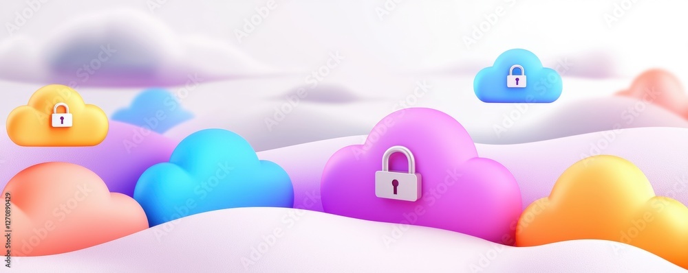 Poster a vibrant illustration of colorful clouds with padlocks, symbolizing secure cloud storage and data p