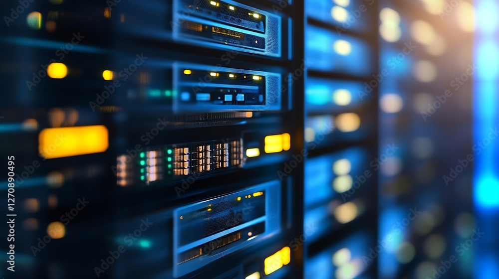 Poster A closeup view of server racks illuminated with blue lights showing the essence of technology and data centers : Generative AI