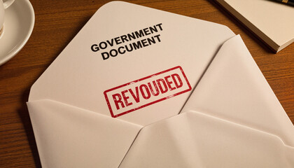 Sealed government document with "Revoked" stamp placed on desk with coffee cup