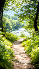 Obraz premium Sunny trail leads to a river, surrounded by vibrant green trees. Use for travel ads