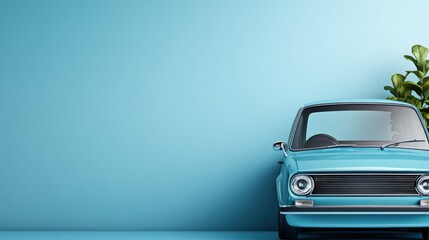 Classic Blue Car Against Solid Light Blue Background with Plant