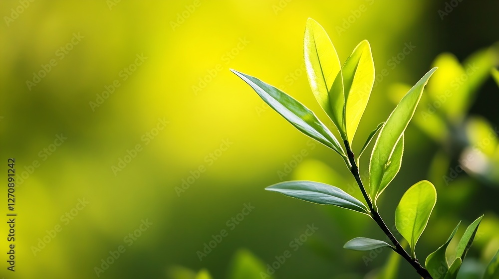 Poster Vibrant green leaves softly illuminated by sunlight creating a serene natural atmosphere : Generative AI