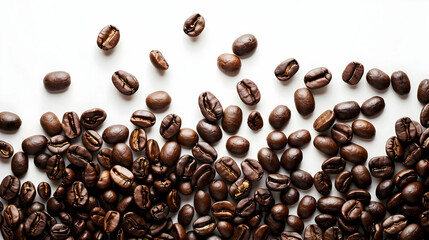 Obraz premium Close-up of scattered coffee beans on a white surface, highlighting their rich texture and color
