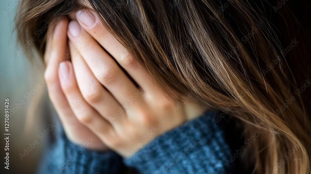 Poster woman covering her face with hands expressing emotions of sadness and introspection : generative ai