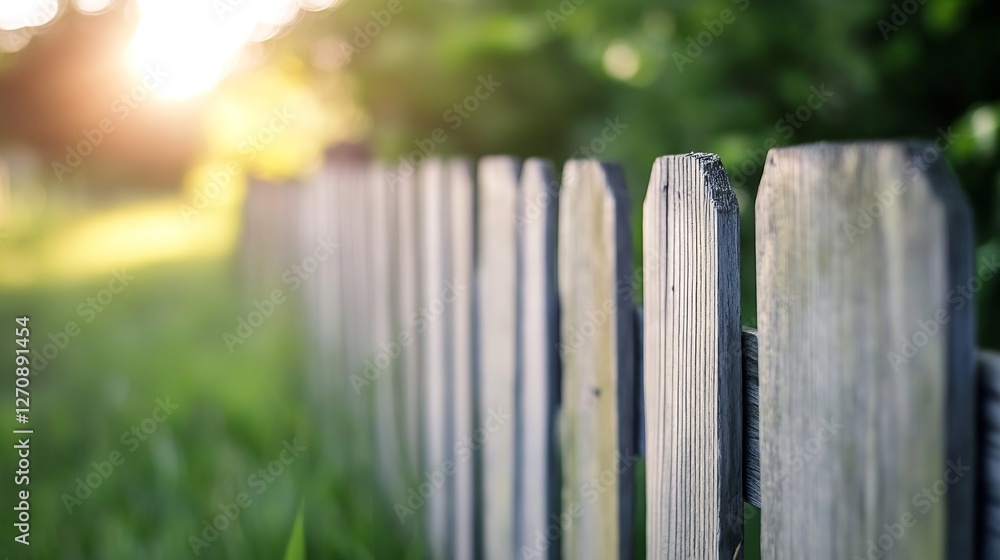 Poster Rustic wooden fence standing amidst lush greenery with a serene background illuminated by soft sunlight : Generative AI