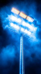 Tower with many bright stadium lights illuminating smoke in dark night usage shot