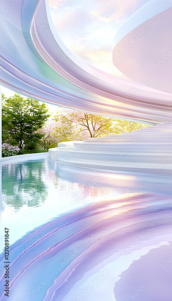 Poster tranquil scene of modern architecture near water with trees in the background