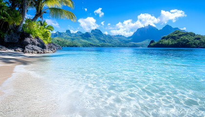 Fototapeta premium Tropical beach paradise, clear water, mountains, palm trees, vacation