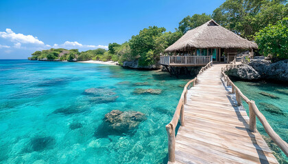 Tropical island retreat. Hut over crystal ocean waters. Peaceful travel destination